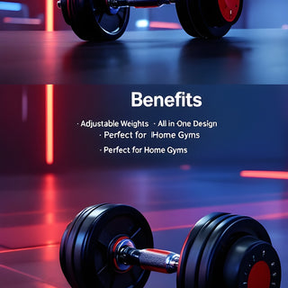 Adjustable dumbbells from PuscasPower featuring a sleek black and red design, highlighted in a modern gym setting with benefits listed: Adjustable Weights, All-in-One Design, Perfect for Home Gyms.